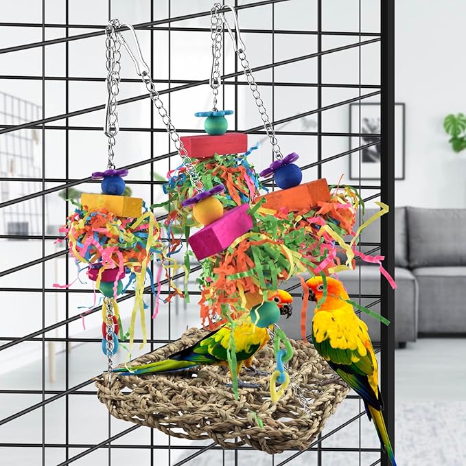 KATUMO Conure Toys, Bird Grass Swing Mat Parrot Climbing Hammock with Colorful Toys for Parakeet, Cockatiel, Sun Conure, Lovebird, Budgie, Small Birds