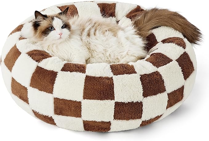 Lesure Donut Small Dog Bed - Round Cat Beds for Indoor Cats Anti-Anxiety Calming Pet Beds, Washable Cute Modern Beds with Teddy Sherpa Plush & Anti Slip Bottom Brwon