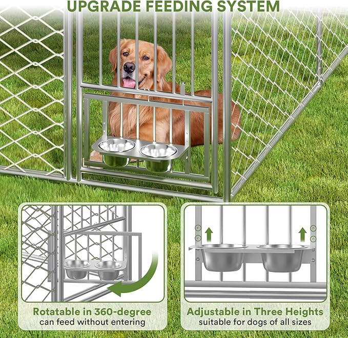 10x10 Dog Kennel Outdoor, Large Outdoor Dog Kennel with Roof, Dog Kennel Outside with Rotating Feeder Bowls, Covered Dog Outdoor Kennel for Large Medium Small Dogs