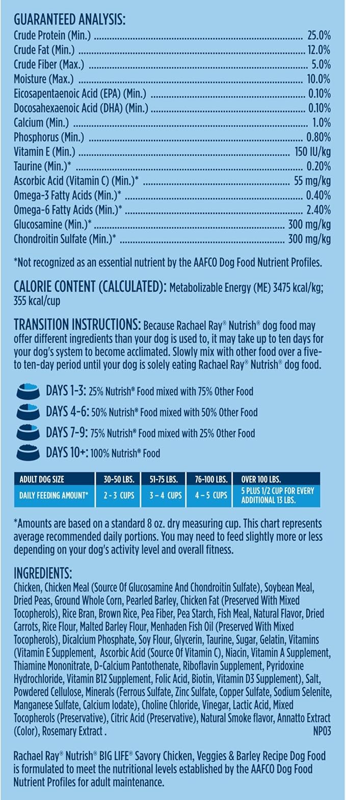 Rachael Ray Nutrish Big Life Dry Dog Food, Medium & Large Breed, Savory Chicken, Barley & Veggies, 40 Pounds