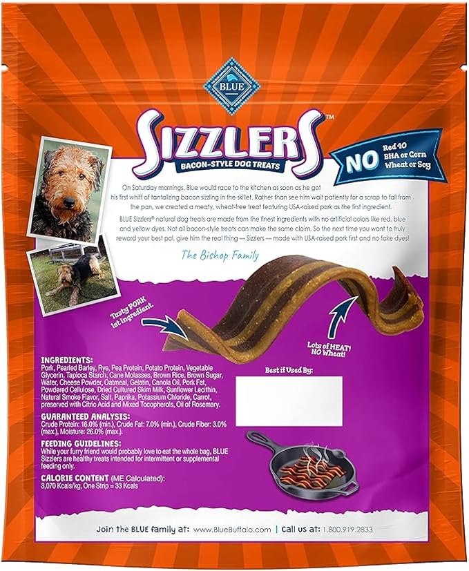 Blue Buffalo Sizzlers Natural Soft Dog Treats, Bacon-Style Soft-Moist Dog Treats with Real USA Pork, Original Flavor, 6-oz. Bag