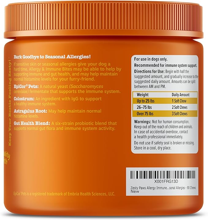 Zesty Paws Dog Allergy Relief - Anti Itch Supplement - Omega 3 Probiotics for Dogs - Digestive Health - Soft Chews for Skin & Seasonal Allergies - with Epicor Pets - Lamb - 90 Count