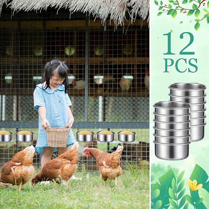 12 Pcs 10 oz Stainless Steel Bird Feeding Dish Cups Bird Feeder with Clamp Parrot Food Cups for Cage Pet Water Cage Bowls for Budgies Parakeet Cockatiel Small Animal