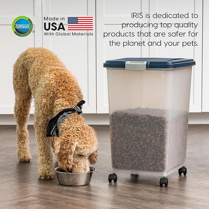 IRIS USA WeatherPro Airtight Dog Food Storage Container, Up to 54 lbs, Attachable Wheels, For Dog Cat Bird and Other Pet Food Storage Bin, Keep Fresh, Translucent Body, Easy Mobility, Navy