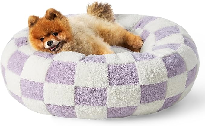 Lesure Donut Small Dog Bed - Round Cat Beds for Indoor Cats Calming Pet Beds, Cute Modern Beds with Jacquard Shaggy Plush & Anti Slip Bottom, 23 Inch, Purple