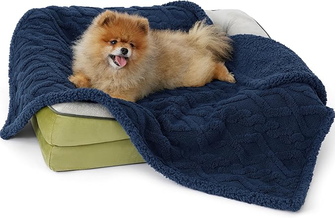 Bedsure Waterproof Dog Blankets for Small Dogs - Pet Blanket for Couch Protector Washable, Premium Jacquard Coral Fleece Cat Throw Blanket, Soft Plush Reversible Furniture Protection, 25"x35", Navy