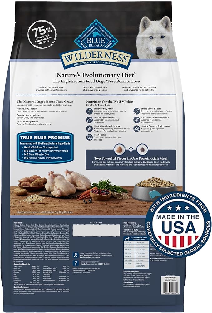 Blue Buffalo Wilderness Senior High Protein Dry Dog Food With Real Chicken Plus Wholesome Grains, Made in the USA with Natural Ingredients, Chicken, 24-lb. Bag