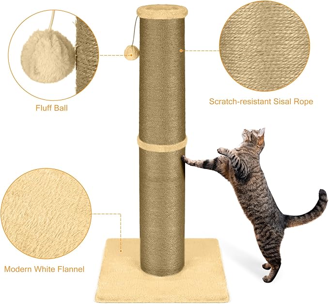 Cat Scratching Post 32 Inch High, 5.5 Inch Large Diameter Natural Sisal Cat Scratch Post, Scratch-Resistant and Durable Tall Cat Scratcher for Indoor Cats, Protect Your Furniture, Yellow