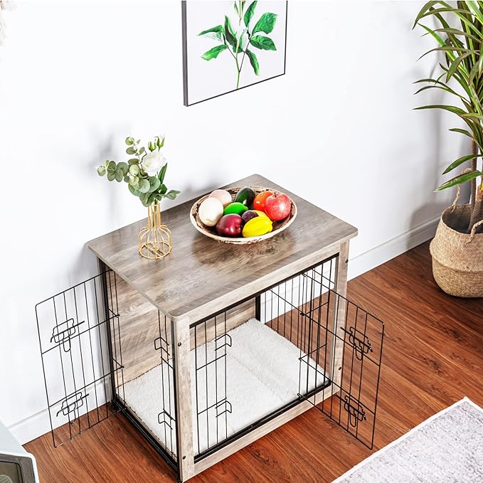 DWANTON Dog Crate Furniture with Cushion, Wooden Dog Crate with Double Doors, Dog Furniture, Dog Kennel Indoor for Small/Medium/Large Dog，End Table, Small, 27.2" L, Greige