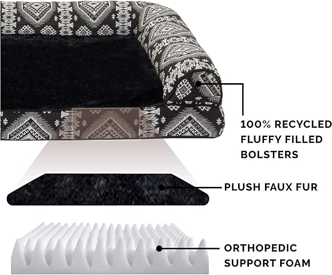 Furhaven Orthopedic Dog Bed for Large/Medium Dogs w/ Removable Bolsters & Washable Cover, For Dogs Up to 55 lbs - Plush & Southwest Kilim Woven Decor Sofa - Black Medallion, Large