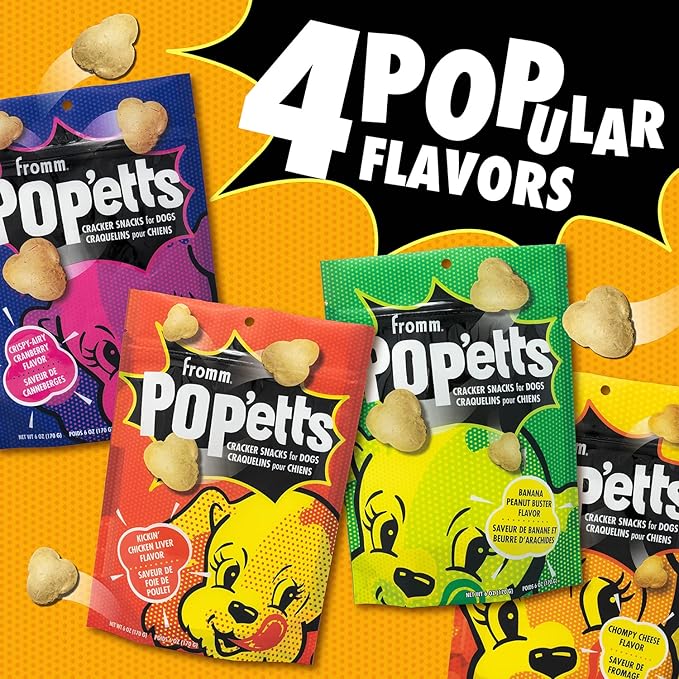 Fromm Pop'etts Cracker Dog Snack Variety Pack - Premium Dog Treat Sample Pack (Cheese, Cranberry, Liver, Banana Peanut) - Pack of (4) 6 oz Bags