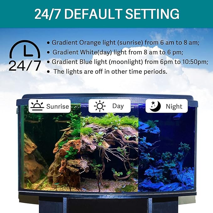 hygger 24/7 Mode Submersible Aquarium LED Light, Full Spectrum Hidden Fish Tank Light with 3 Rows Beads 7 Colors Auto On Off Sunrise-Daylight-Moonlight, Adjustable Timer Brightness (23.6in 14W)