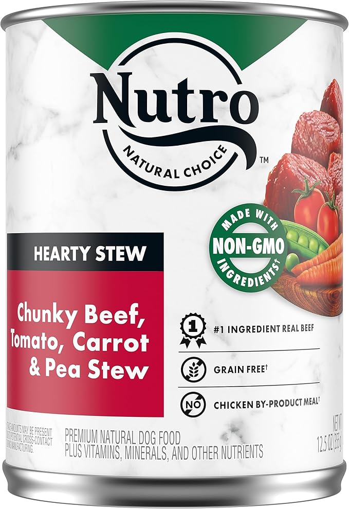 NUTRO HEARTY STEW Adult Natural Grain Free Wet Dog Food Cuts in Gravy Chunky Beef, Tomato, Carrot & Pea Stew, (12) 12.5 oz. Cans