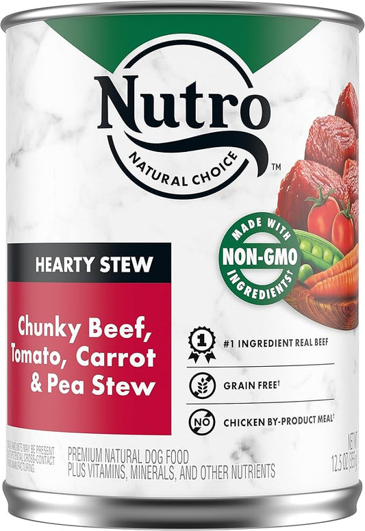 NUTRO HEARTY STEW Adult Natural Grain Free Wet Dog Food Cuts in Gravy Chunky Beef, Tomato, Carrot & Pea Stew, (12) 12.5 oz. Cans