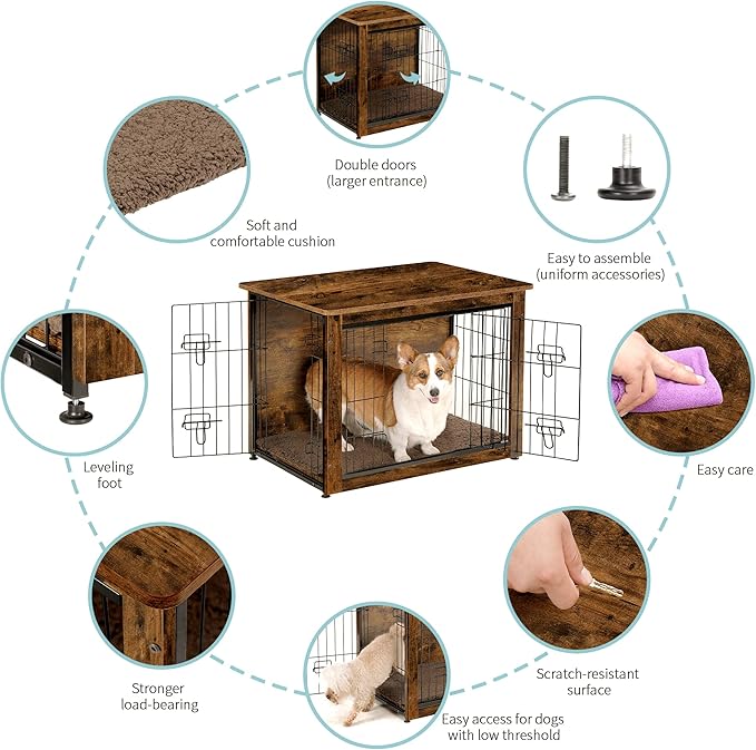 DWANTON Dog Crate Furniture with Cushion, Wooden Dog Crate Table, Double Doors Dog Furniture, Indoor Dog Kennel, Dog House, Dog Cage Medium, 32.5" L, Rustic Brown