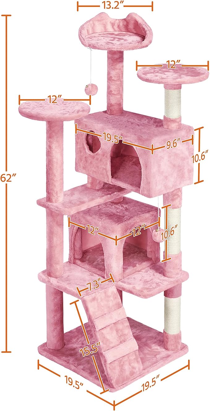 Yaheetech 62in Cat Tree Cat Tower for Indoor Cats, Cat Furniture w/Double Cat Condo, Scratching Posts, Multiple Platforms and Balls for Kittens & Cats, Pink