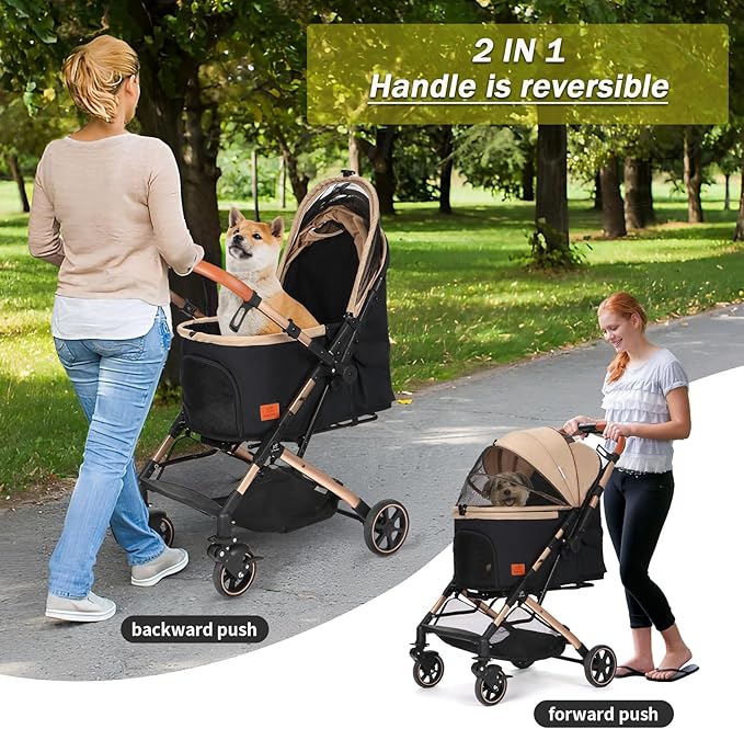 Pet Strollers for Small Medium Dogs Cats, No Zipper Entry with Reversible Handle, One-Hand Foldable Puppy Doggie Jogging Stroller Pet Travel (khaki)