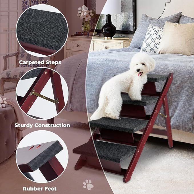 Wooden Dog Stairs/Steps - Foldable 4 steps Dog Steps for High Bed Couch Cars, Non-Slip Pet Stairs for Small Large Medium Dogs and Cats, No Assembly Required