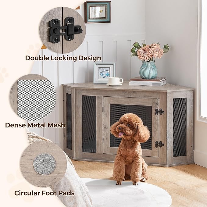 Corner Dog Crate Furniture, Wooden Dog Kennel End Table, Decorative Pet Crate Indoor Use, Furniture Style Dog House for Small Medium Dog, Dog Cage TV Stand, Greige and Black DCHG0801