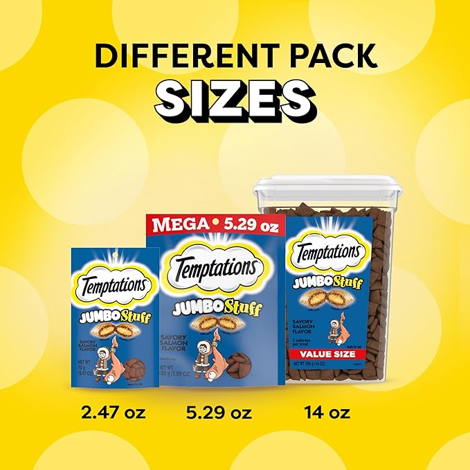 Temptations Jumbo Stuff Crunchy and Soft Cat Treats, Savory Salmon Flavor, 14 oz. Tub (Pack of 2)