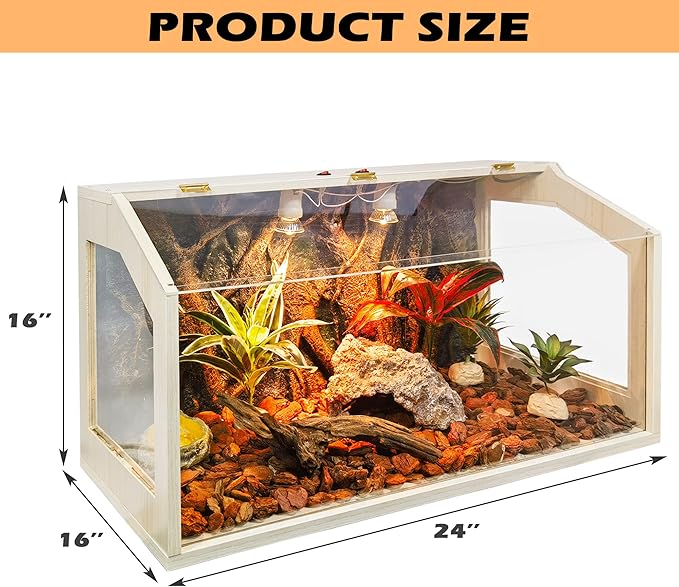 Bearded Dragon Tank, Reptile Enclosure, Snake Tank, Reptile Terrarium, Built-in Light Fixtures with Switch, 2024 Newest Upgrade (23 Gallon, 24" Long, Clear Acrylic Roof)