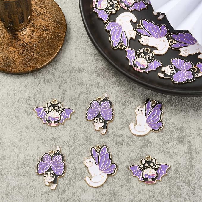 KitBeads 15pcs Enamel Butterfly Cat Charms Mixed Styles Purple Kitten Charms Halloween Bat Tarot Cat Charms for Jewelry Making Bracelets Bulk