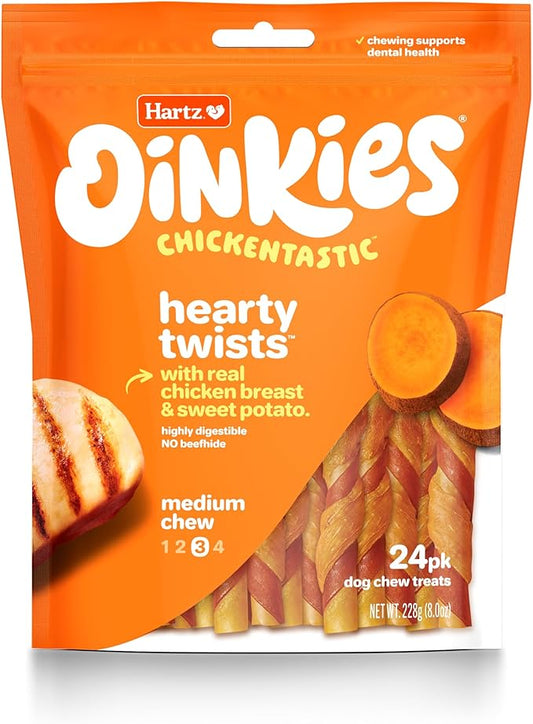 Hartz Oinkies Chickentastic Hearty Twists Dog Treats with Real Chicken Breast, Sweet Potato, and Smoked Pork, Long-Lasting Yet Highly Digestible, 24 Count, 8.00 Ounce (Pack of 1)