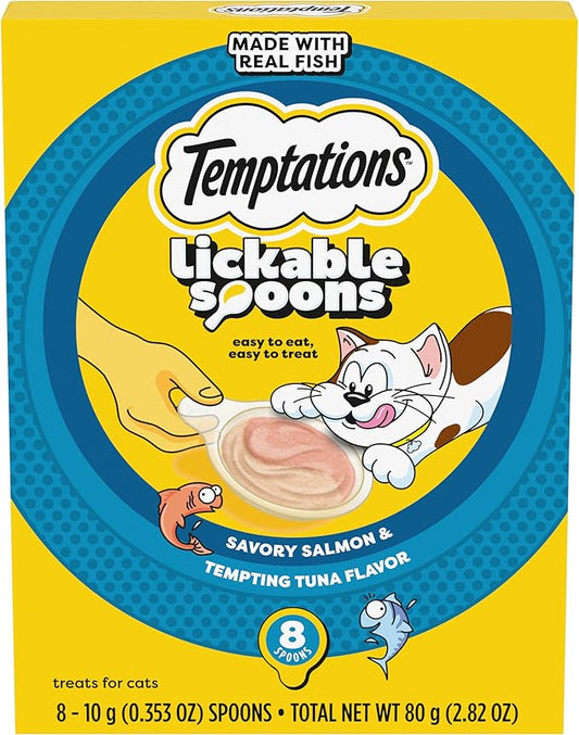 Temptations Lickable Spoons Adult Wet Cat Treat, Savory Salmon and Tempting Tuna Flavor, 10 Grams, Pack of 12 (96 Total Treats)