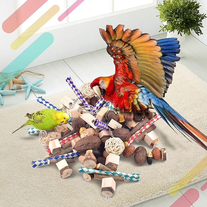 Bissap Large Parrot Chew Toys, 20.8in Bird Parrot Hanging Bite Wooden Blocks Cage Fun Toy for Macaw African Greys Cockatoo Eclectus Budgies Parakeet Cockatiel ect Large Medium Birds