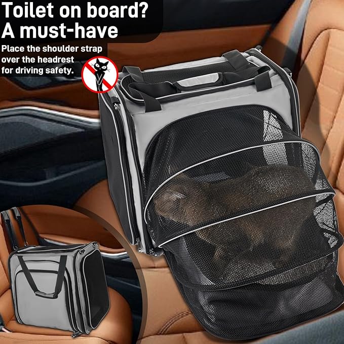 Cat Travel Carrier with Litter Box for Car, Expandable Cat Carrier with Leak-Proof Litter Box for Car Travel, up to 20 lb to Road Trip, Camping, or Hotel, Grey