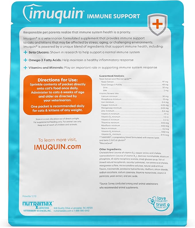 Nutramax Imuquin Immune Health Supplement Powder for Cats, with Beta Glucans, Marine Lipids, Vitamins and Minerals, 30 Packets