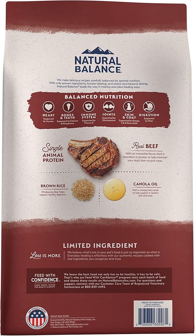 Natural Balance Limited Ingredient Adult Dry Dog Food with Healthy Grains, Beef & Brown Rice Recipe, 12 Pound (Pack of 1)