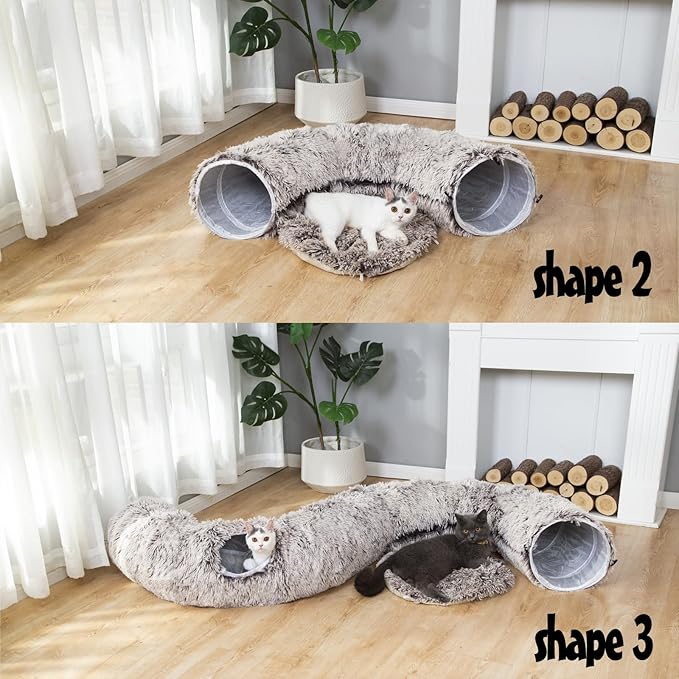 LUCKITTY Warm Fluffy Plush Cat Dog Tunnel Bed with Washable Cushion-Big Tube Playground Toys 3 FT Diameter Longer Crinkle Collapsible 3 Way, for Indoor Cat Kitty Kitten Puppy Rabbit Ferret Brown