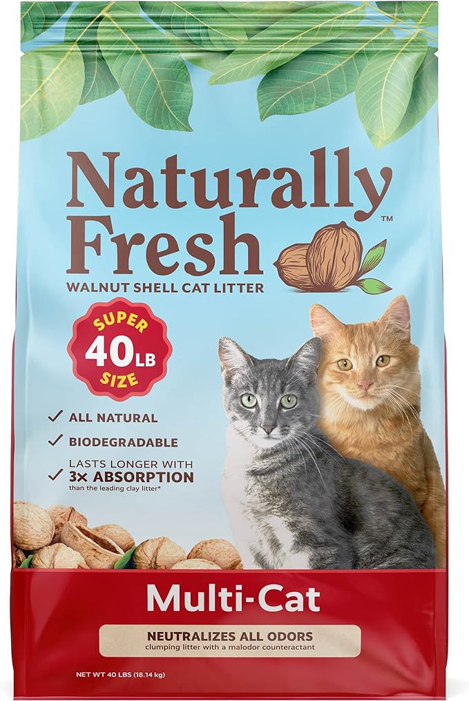 Eco-Shell Naturally Fresh Cat Litter Made from Walnut Shells, Multi Cat, Unscented, Biodegradable, Dust-Free, Sustainable, 40 Lbs