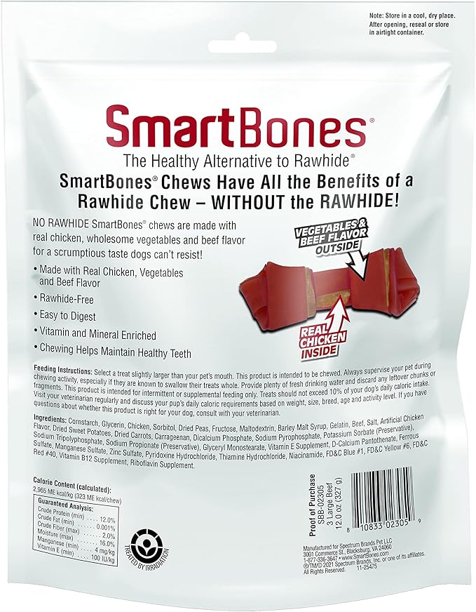 SmartBones Dog Chews, Rawhide-Free Dog Bones Made With Real Meat and Vegetables, 3 Count Large