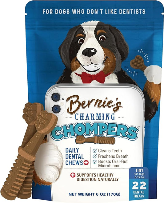 Bernie's Charming Chompers - Daily Dental Chews for Dogs 5-15 Lbs. - 22 Count - Cleans Teeth, Freshens Breath, Boosts Oral-Gut Microbiome. Easy to Digest, Supports Healthy Digestion Naturally