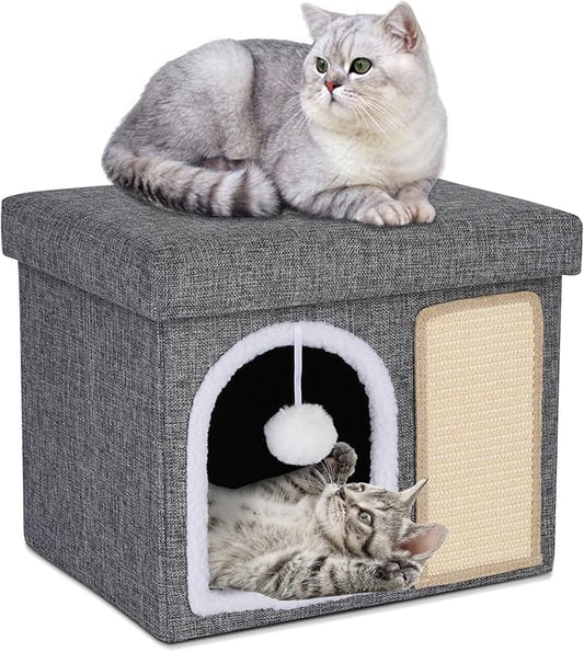 Cat Bed for Indoor Cats, Enclosed Cat Cave with Cozy Hideaway, Fluffy Hanging Ball, Cat Scratching Pad, Foldable Cat Ottoman House Hold Up to 135LBS, Cat Cube Condo for Kitten, 15" x 12.6" x 12.5"