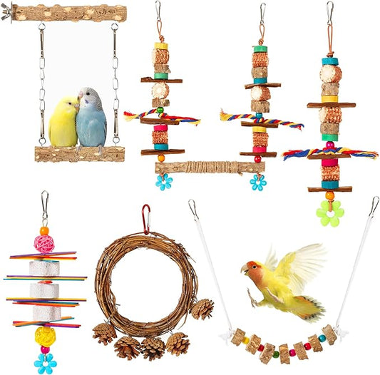 Bird Swing Parakeet Chewing Toys 6PCS - Parrot Cage Accessories Stuff, Natural Wooden Foraging Chew Toys for Budgerigars, Conure, Cockatiel, Finch, Lovebirds, Perches for Medium, Small Birds