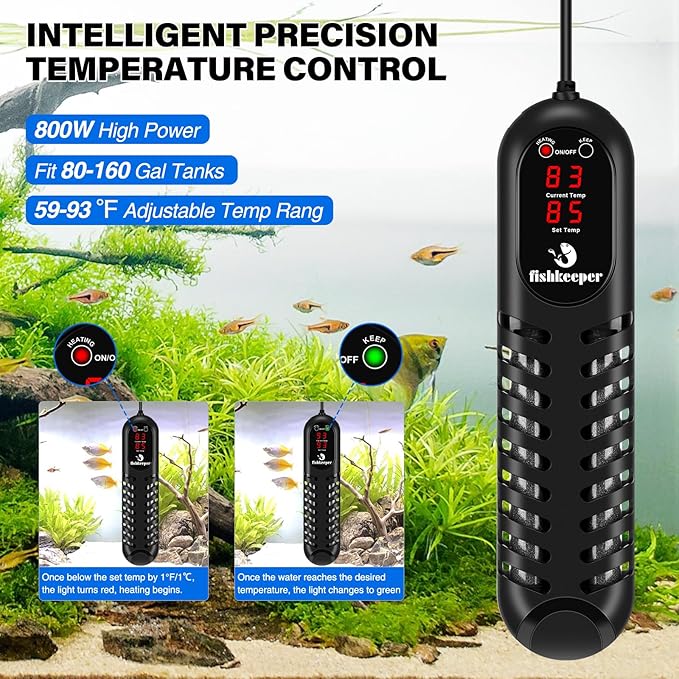 Aquarium Heater, 300W/500W/800W Submersible Fish Tank Heater Double Quartz Explosion-Proof with LED Screen & Multi-Protection, for 60-160 Gallon Freshwater & Saltwater Tank