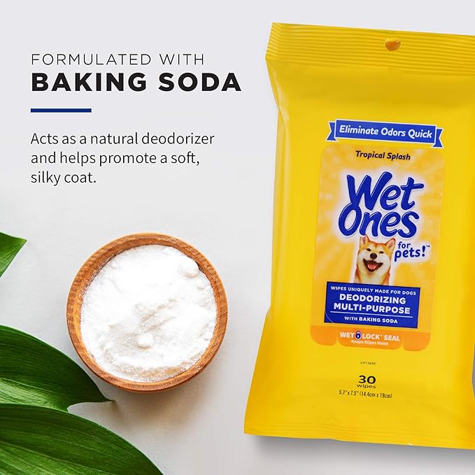 Wet Ones for Pets Deodorizing Multi-Purpose Dog Wipes with Baking Soda, 30 ct - 8 Pack | Dog Deodorizing Wipes for All Dogs in Tropical Splash Scent, Wet Ones Wipes with Wet Lock Seal (FF12847PCS8)