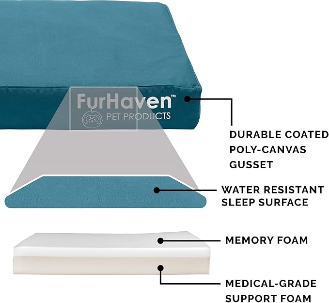 Furhaven Water-Resistant Memory Foam Dog Bed for Large Dogs w/ Removable Washable Cover, For Dogs Up to 95 lbs - Indoor/Outdoor Logo Print Oxford Polycanvas Mattress - Deep Lagoon, Jumbo/XL