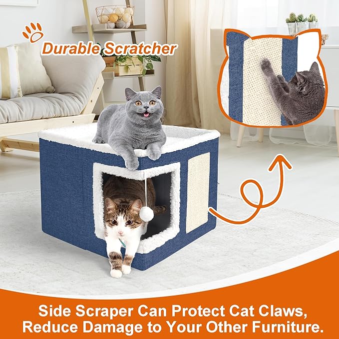 Cat Houses for Indoor Cats - Large Cat Bed Cave for Cat House with Scratch Pad and Fluffy Ball, Foldable Cat Hideaway with Reversible Cushion Cat Condo for Multi Small Pet, Navy Blue