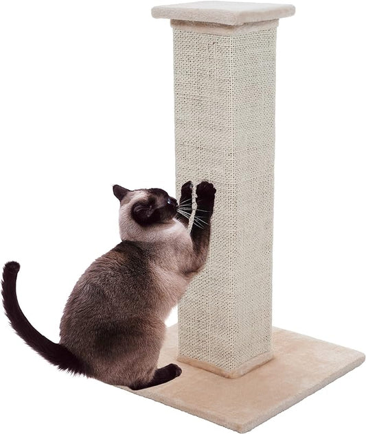 Cat Scratching Post with Carpeted Base - 27.75-Inch Sisal Burlap Fabric Scratcher - Furniture Scratching Deterrent for Indoor Cats by PETMAKER (Beige)
