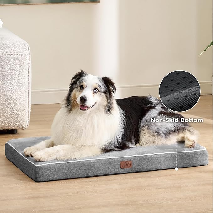 Bedsure Memory Foam Dog Bed for Large Dogs - Orthopedic Waterproof Dog Bed for Crate with Removable Washable Cover and Nonskid Bottom - Plush Flannel Fleece Top Pet Bed, Light Grey