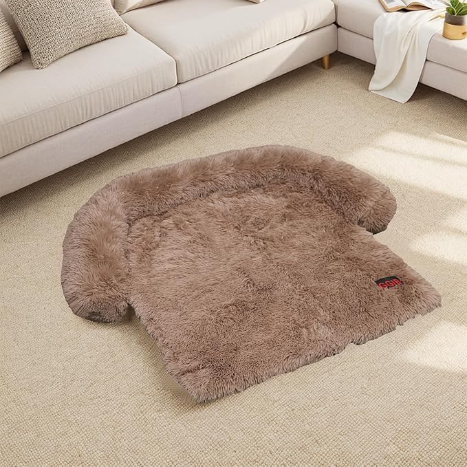 Calming Dog Bed Fluffy Plush Dog Mat for Furniture Protector with Removable Washable Cover for Large Medium Small Dogs and Cats (Small(35x31x5), Light Brown)