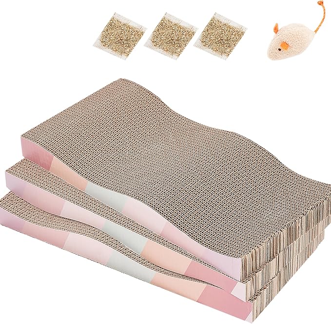 Cat Scratching Pads Cardboard Cat Scratchers for Indoor Cats Reversible Large Wide Corrugated with Catnip and Mini Toy (3pcs)