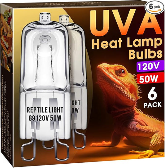 Briignite G9 Heat Lamp Bulbs for Reptile, Mini Reptile Light, Dimmable G9 Mini Heat Bulbs Warm White 50W, 2 Pin Base UVA Reptile Heat Lamp, Bearded Dragon Gecko Turtle Lizard, 6 Pack