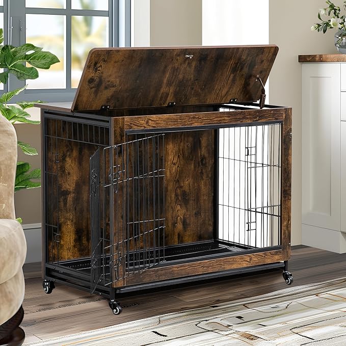 NicBex Dog Crate Furniture, 38.3" L Dog Crates for Large Dogs, Large Dog Crate with Double Doors, Wooden Dog Kennel Indoor Flip-Top for Large Dog House Pet Crate, Rustic Brown