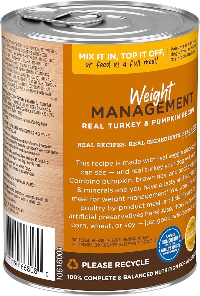 Rachael Ray Nutrish Weight Management Premium Pate Wet Dog Food, Real Turkey & Pumpkin, 13 Ounce Can (Pack of 12)