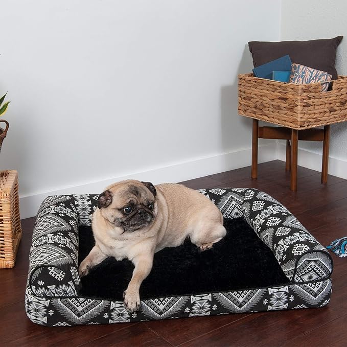 Furhaven Orthopedic Dog Bed for Medium/Small Dogs w/ Removable Bolsters & Washable Cover, For Dogs Up to 35 lbs - Plush & Southwest Kilim Woven Decor Sofa - Black Medallion, Medium